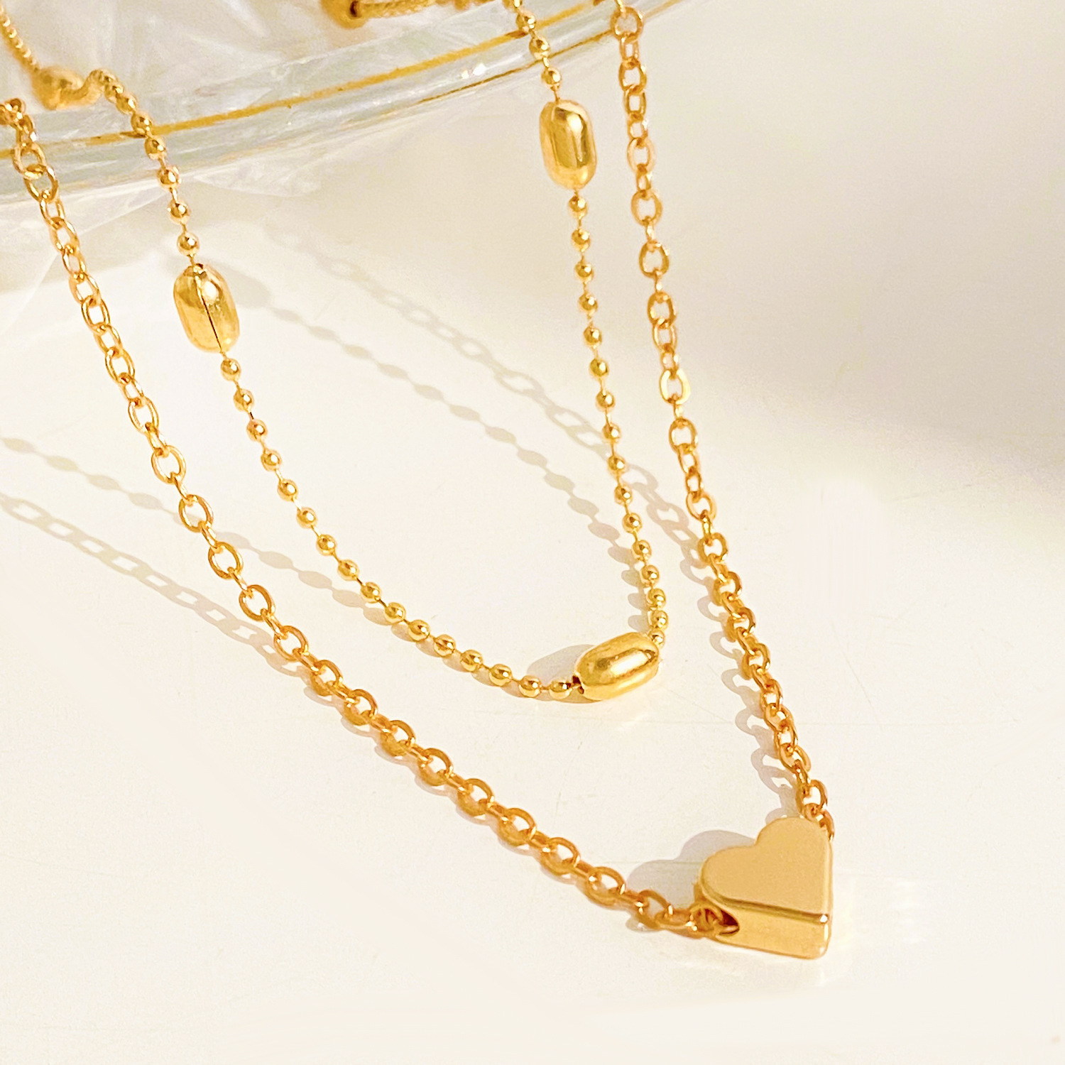 Womens Double Layer Ankle Bracelet with Heart Pendant